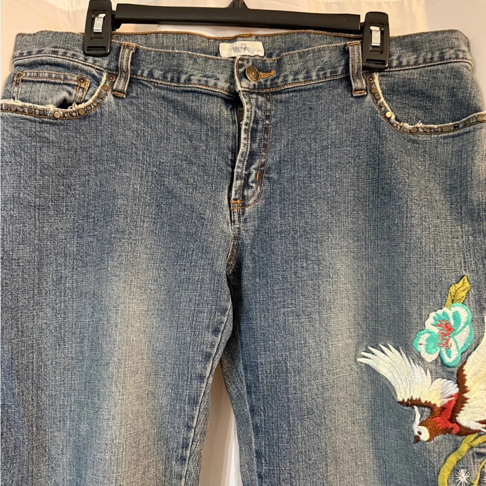 Y2K Embroidered Phoenix Low Rise Jeans 14 | Floral Bird Denim | Raw Hem | - Picture 5 of 16